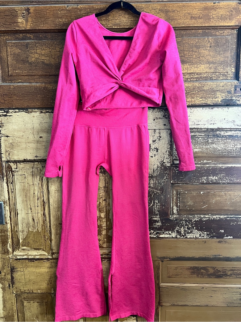 JoyLab Hot Pink Ribbed Wide-Leg Jumpsuit Set - Picture 2 of 5